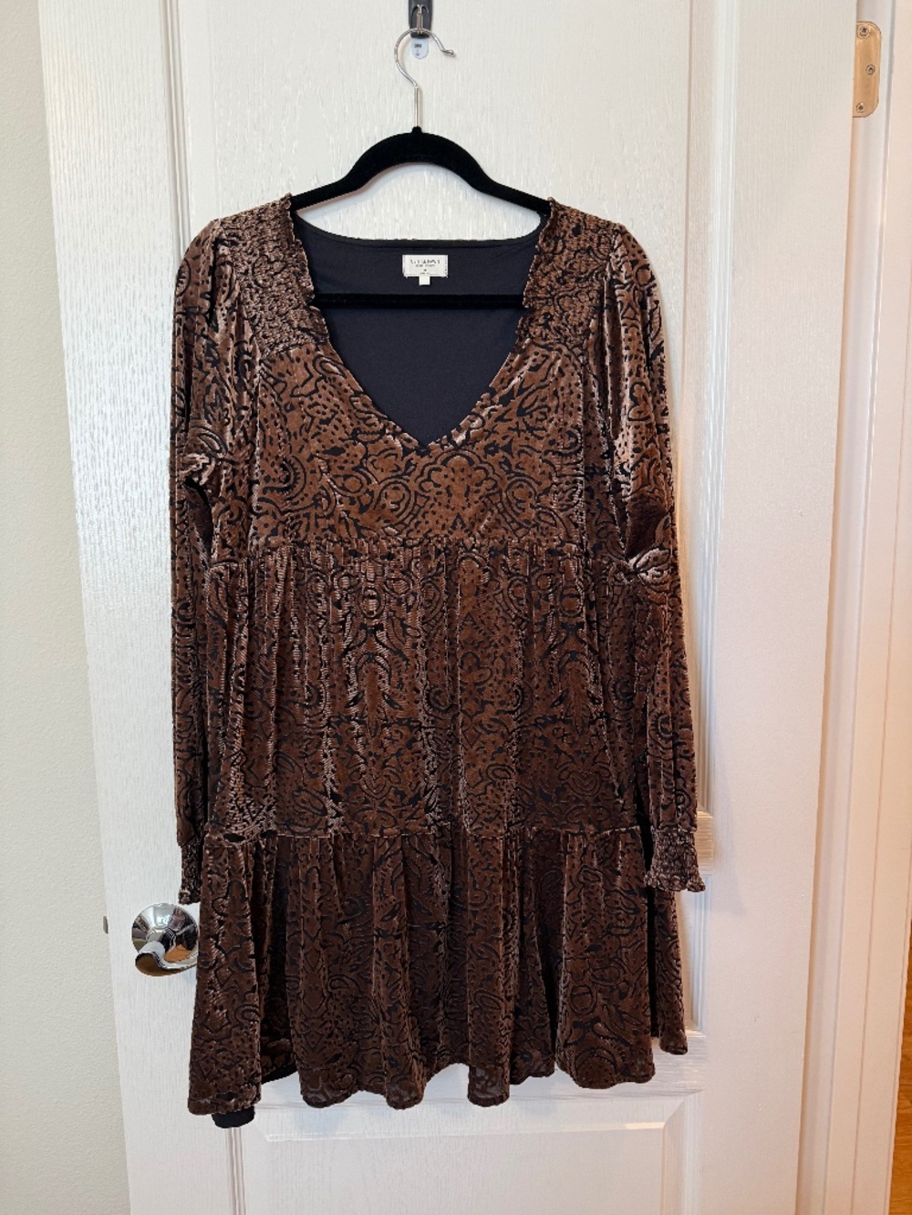 Gentle Fawn Burnout Velvet Babydoll Dress M Brown Boho Tiered Alexis Rose Mini